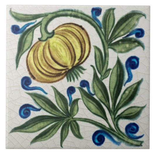 Repro  Antiek Wm De Morgan Gold Floral Tegeltje (Voorkant)