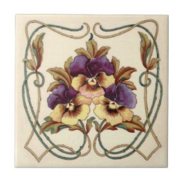Repro Art Nouveau Hand gekleurde pansies bedrukt Tegeltje