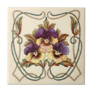 Repro Art Nouveau Hand gekleurde pansies bedrukt Tegeltje