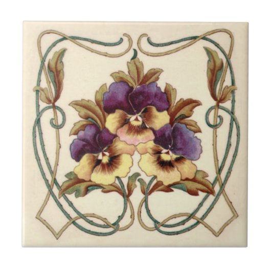 Repro Art Nouveau Hand gekleurde pansies bedrukt Tegeltje (Voorkant)