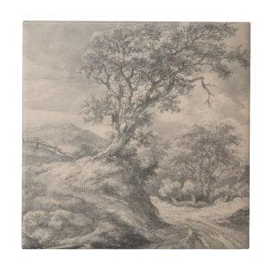 Repro Black and White Tile River Scene Tegeltje
