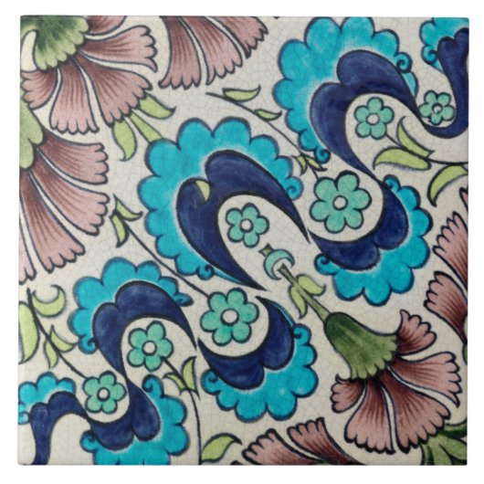 Repro  Blauw Maroon Bloemen De Morgan tegels Tegeltje (Voorkant)