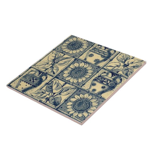 Repro Blue en Buff Sunflower Urns Bamboo Trellis Tegeltje (Zijkant)