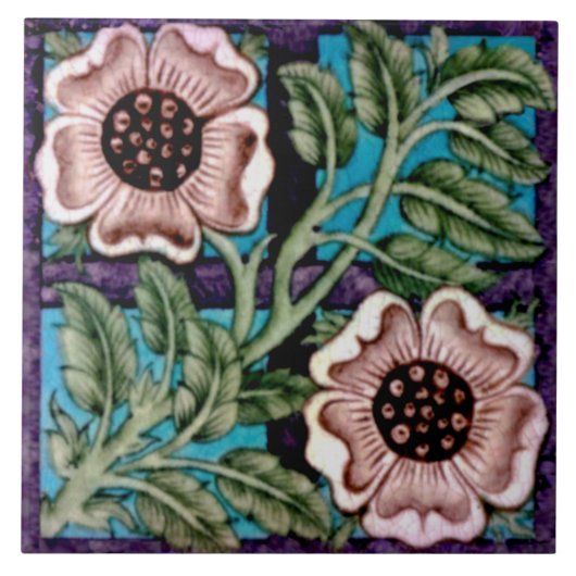 Repro Bright Handschilded De Morgan Roos & Trellis Tegeltje (Voorkant)