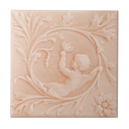 Repro c1880 Minton Faux Relief Cherub Peach roze Tegeltje (Voorkant)