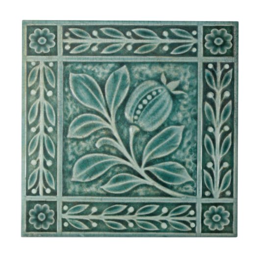Repro c1900 Blauwgroen Majolica Faux Relief Pomegr Tegeltje (Voorkant)