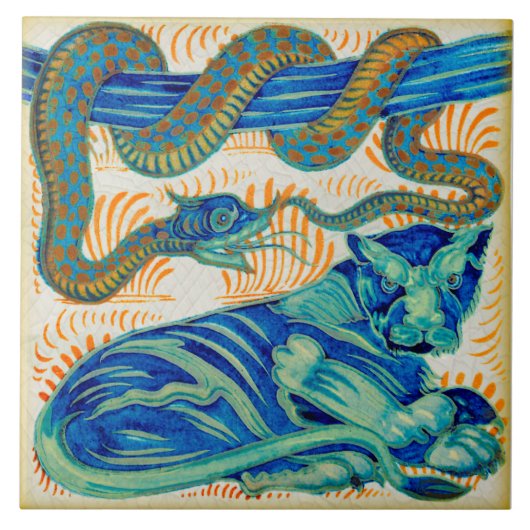 Repro c1900 William De Morgan Oerwoud Cat & Snake Tegeltje (Voorkant)