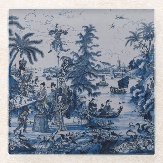 Repro Chinoiserie  Delft Blue and White Glazen Onderzetter (Voorkant)