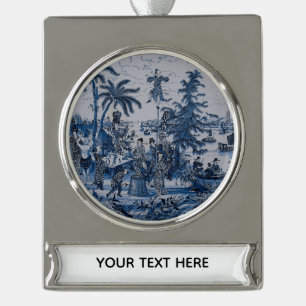 Repro Chinoiserie Delft Blue en White Tegel Verzilverd Banner Ornament