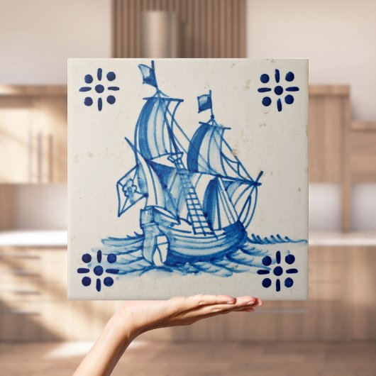 Repro Deftware Sail Ship Blue Delft Tile Tegeltje