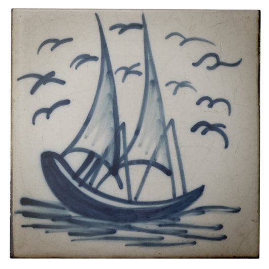 Repro Deftware Schip Zeilboot Blauw Delft Tegel Tegeltje (Voorkant)