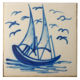 Repro Deftware Ship Sail Boat Blue Delft Tegel Tegeltje