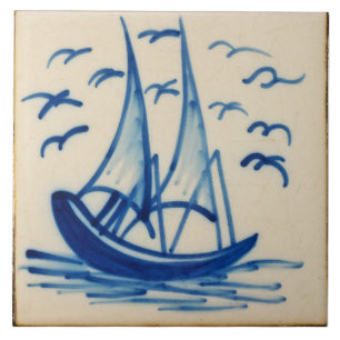 Repro Deftware Ship Sail Boat Blue Delft Tegel Tegeltje