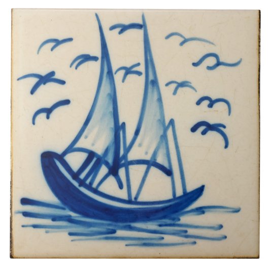Repro Deftware Ship Sail Boat Blue Delft Tegel Tegeltje (Voorkant)