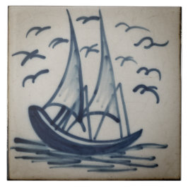 Repro Deftware Ship Sail Boat Blue Delft Tegel Tegeltje