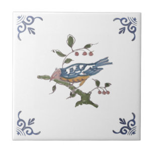 Repro Delft Bird on Branch w/Berries on White Tege Tegeltje