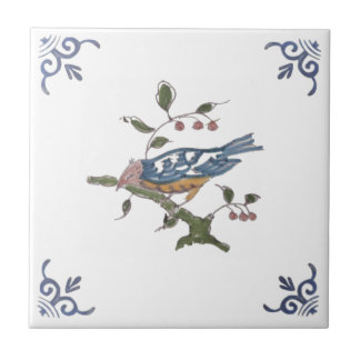 Repro Delft Bird on Branch w/Berries on White Tege Tegeltje