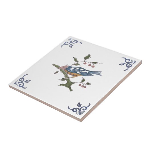 Repro Delft Bird on Branch w/Berries on White Tege Tegeltje (Zijkant)