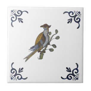 Repro Delft Bird on Branch w/Berries on White Tege Tegeltje
