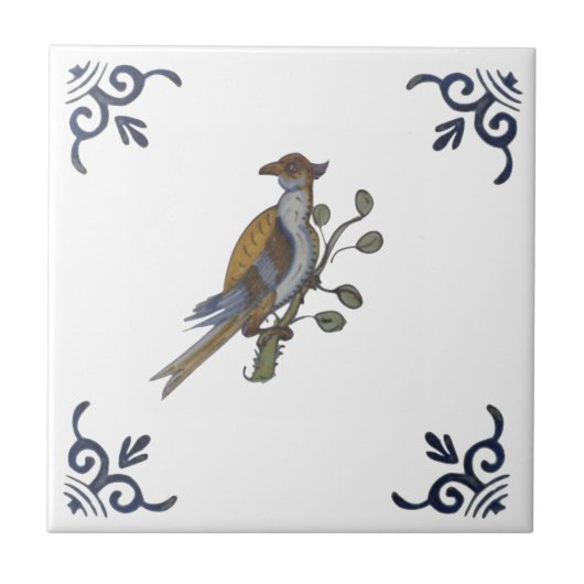 Repro Delft Bird on Branch w/Berries on White Tege Tegeltje (Voorkant)