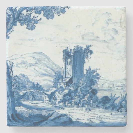 Repro Delft Blue en White Tile River Scene Stenen Onderzetter (Voorkant)