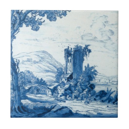 Repro Delft Blue en White Tile River Scene Tegeltje (Voorkant)