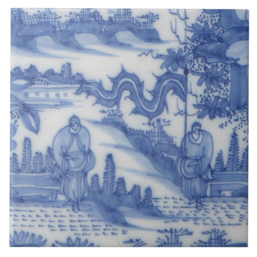 Repro Delft Tegel Chinoiserie Decoupage Blauw Wit Tegeltje (Voorkant)
