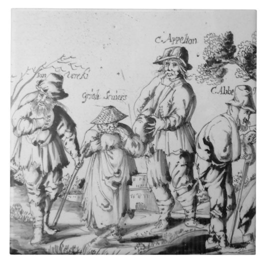 Repro Delft Tile Les Gueux Black en White Tegeltje (Voorkant)