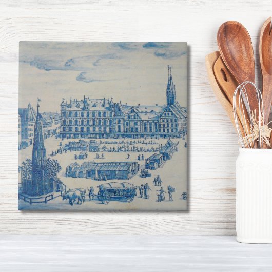 Repro Delft Tile Nuremberg Town Square Blue Tegeltje