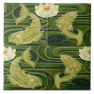 Repro Duitse Art Nouveau Jugendstil Vijvervis Tegeltje