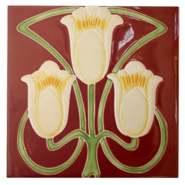 Repro Edwardian Art Nouveau Red Tulip Floral Tile Tegeltje