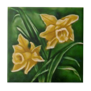 Repro Faux Relief Daffodils op Donkergroen Tegeltje