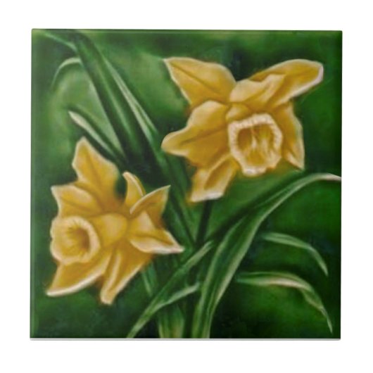 Repro Faux Relief Daffodils op Donkergroen Tegeltje (Voorkant)