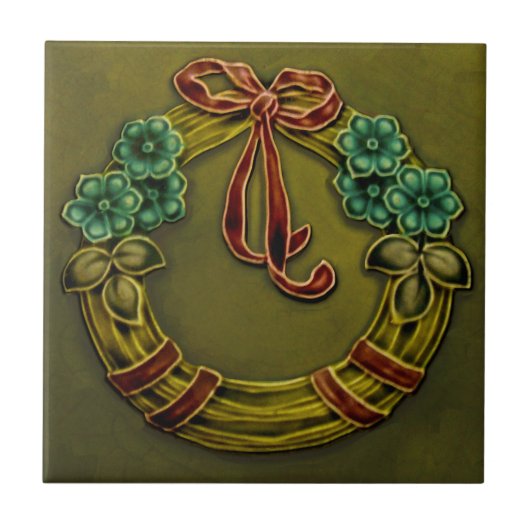Repro Faux Relief Floral op straat Wreath Majolica Tegeltje (Voorkant)