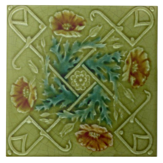 Repro Faux Relief Molded Floral Trellis Majolica Tegeltje (Voorkant)