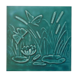 Repro Faux Relief Molded Marsh Lily Pond Butterfly Tegeltje