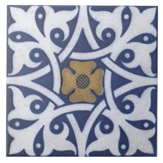 Repro Gothic Quatrefoil Tile in Blue, Gold & White Tegeltje (Voorkant)