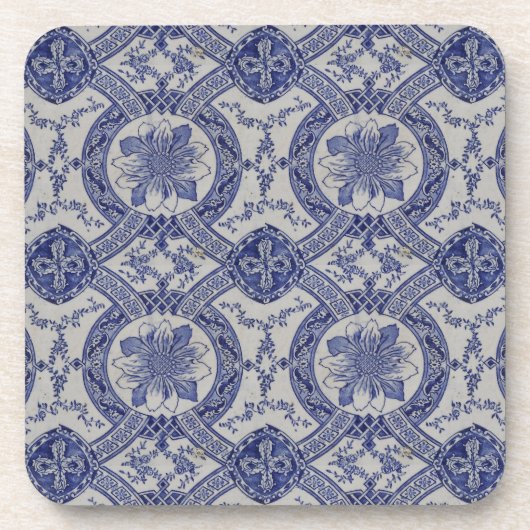 Repro Portugese Blue Geometric Azulejos Floral Bier Onderzetter (Voorkant)