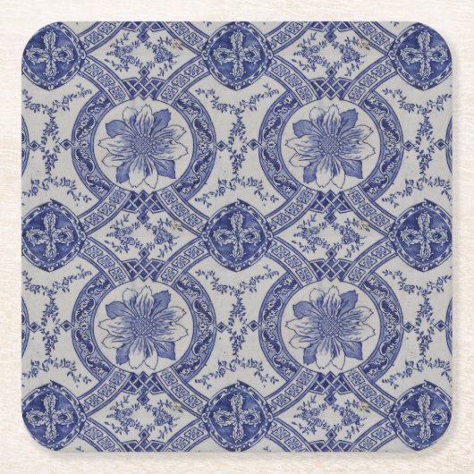 Repro Portugese Blue Geometric Azulejos Floral Kartonnen Onderzetters (Voorkant)