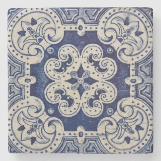 Repro Portugese Blue Geometric Azulejos Floral Stenen Onderzetter (Voorkant)
