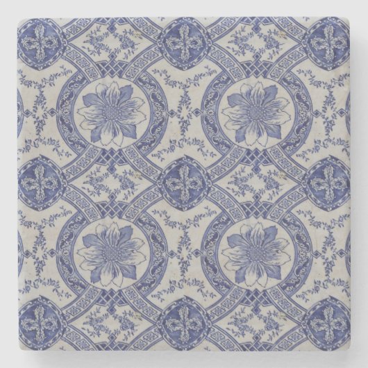 Repro Portugese Blue Geometric Azulejos Floral Stenen Onderzetter (Voorkant)