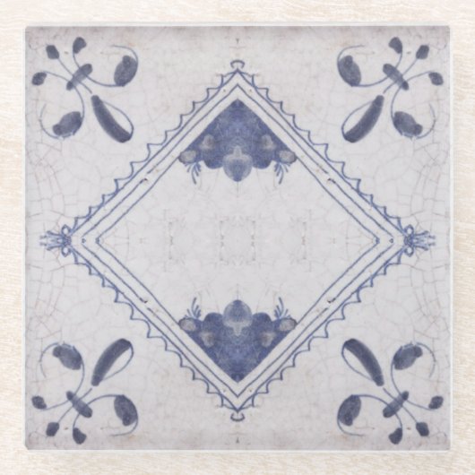 Repro Portugese Floral Blue Azulejos Tile Glazen Onderzetter (Voorkant)