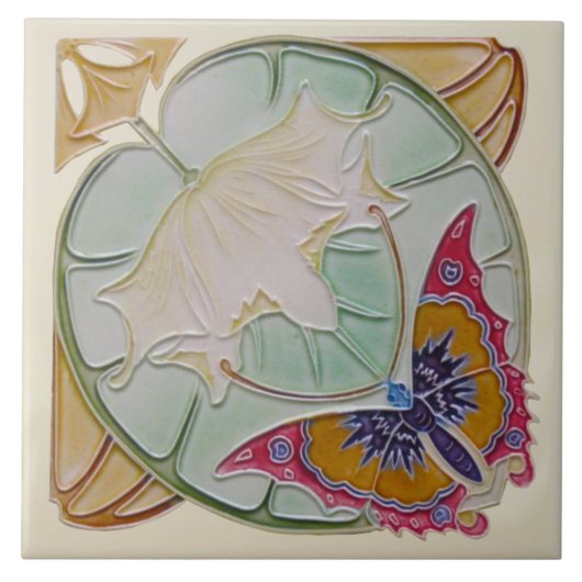 Repro Rare Belgium Art Nouveau Butterfly Floral Tegeltje (Voorkant)
