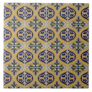 Repro Spaanse Geometric Azulejos Blue Yellow Tegel Tegeltje
