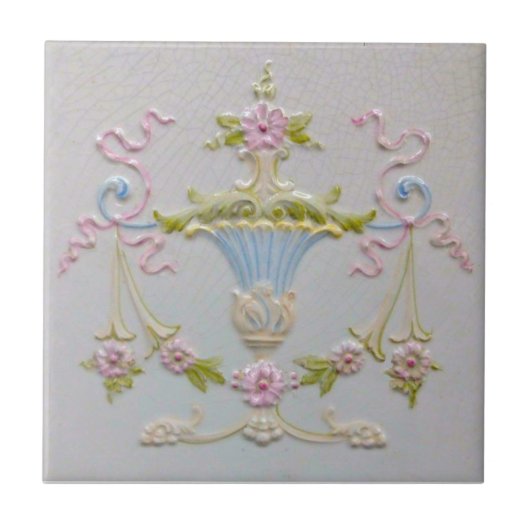 Repro Sweet Victoriaans Pastel Urn Flowers Majolic Tegeltje (Voorkant)
