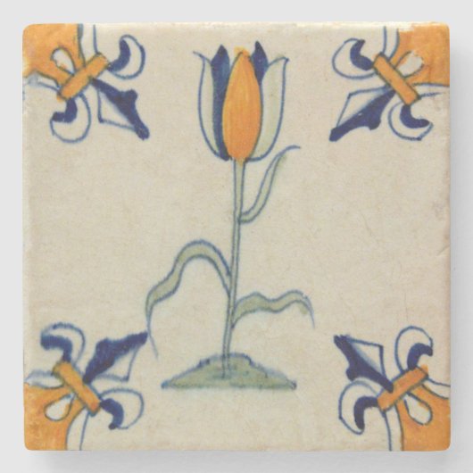 Repro Traditionele gele Tulp Delft Tegel Stenen Onderzetter (Voorkant)