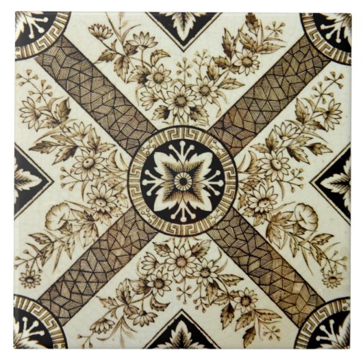 Repro Victoriaans 1880s Sepia Geometric Floral Tegeltje (Voorkant)