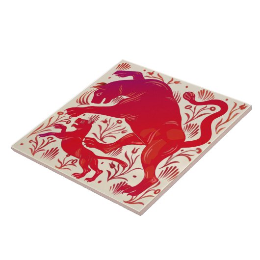 Repro Wm De Morgan Ruby Luster Cats (Panthers?) HP Tegeltje (Zijkant)