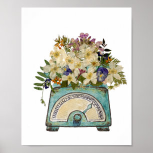 Reproductie van geperste bloemen op een  schaal poster