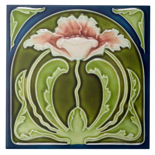 Reproduction Art Nouveau Pink Poppy on Green Tile Tegeltje (Voorkant)